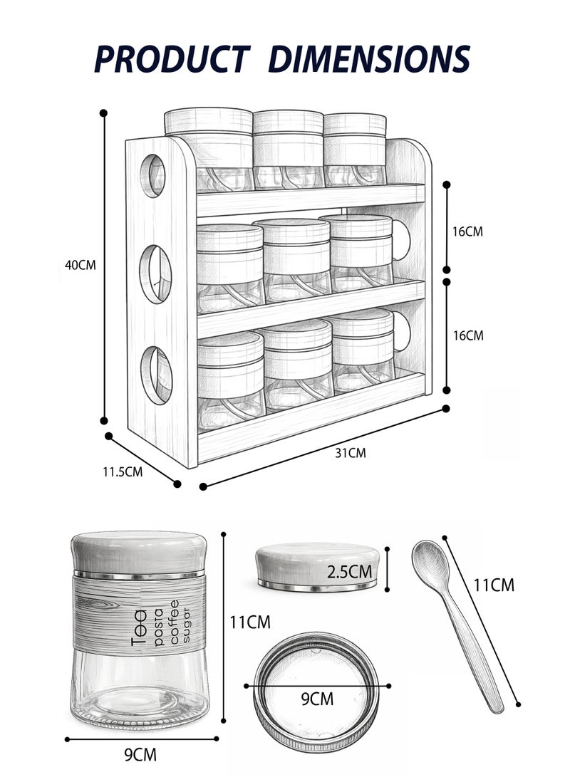 Toshionics Bamboo Spice Rack with 9 Glass Jars – 3-Tier Kitchen Organizer with Spoons, Labeled Storage Jars & Bamboo-Style Lids - Image 2